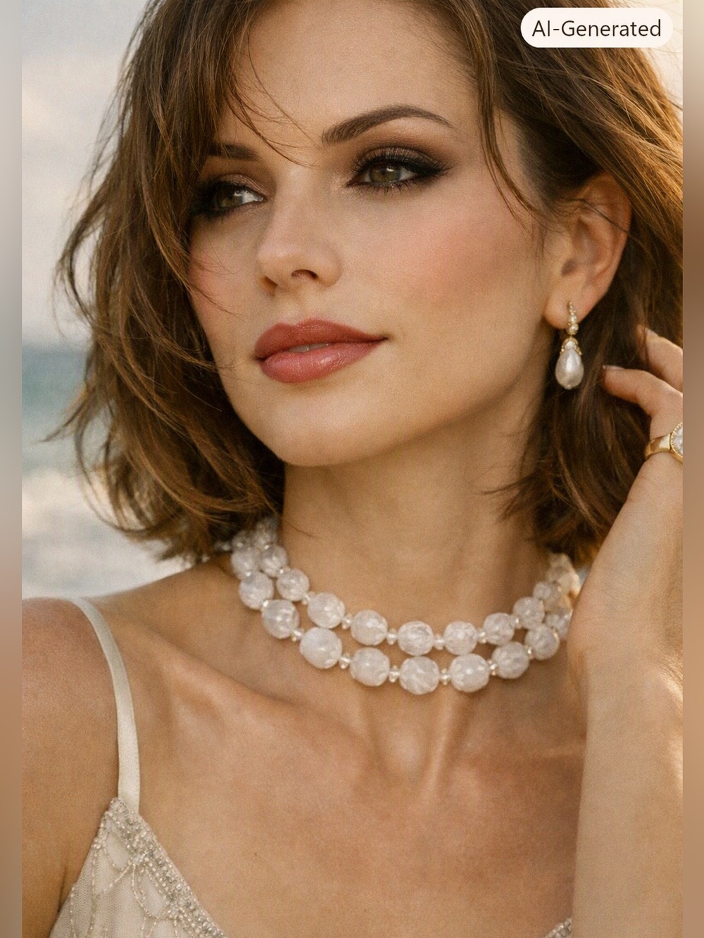 Choker Vintage Fashion Adjustable White Decorative Bead Double Strand Choker